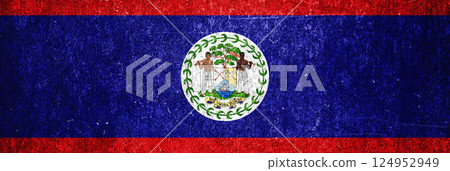 Belize state flag on a metal surface. Banner of dirty grunge Belize flag. 124952949