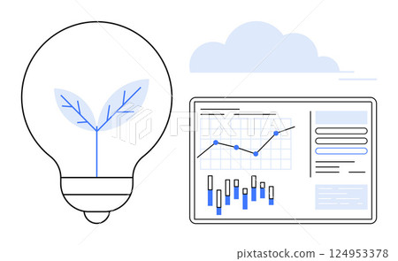 Lightbulb containing growing leaf next to data analytics dashboard displaying various charts and graphs. Ideal for sustainability, eco-friendly technology, innovation, business growth, data analysis 124953378