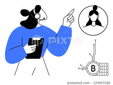 Woman with headset holding tablet pointing at customer icon next to Bitcoin symbol. Ideal for technology, customer service, cryptocurrency, business communication, and remote support themes. Simple 124953380