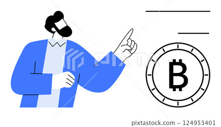 Businessman points at a Bitcoin symbol, highlighting cryptocurrency expertise. Ideal for finance, technology, digital assets, fintech, blockchain, investment, and educational content. Line metaphor 124953401