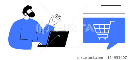 Man waving while seated by a laptop, blue speech bubble with shopping cart icon. Ideal for e-commerce, online retail, virtual assistant, customer support, digital marketing, remote services, IT help 124953407