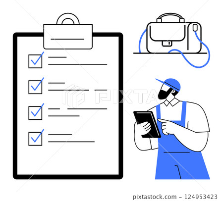 Worker in cap and overalls checking items on tablet, large clipboard with checkmarks, briefcase. Ideal for task management, productivity, organization, industrial work, quality control, planning 124953423