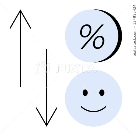 Upward and downward arrows with a percentage symbol and a happy face in blue circles. Ideal for financial trends, business performance, statistics, customer satisfaction, market analysis 124953424