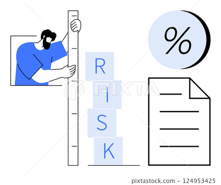 Man measuring risk levels with a vertical ruler beside stacked blocks spelling RISK, large percentage symbol, and document icon. Ideal for finance, risk management, business analysis, performance 124953425