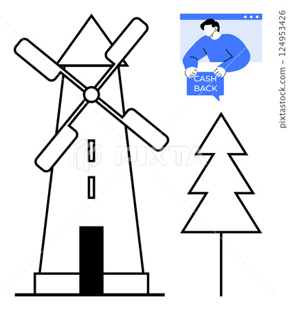 Black and white windmill and tree with a person holding a cashback icon in blue at the top right. Ideal for sustainability, eco-friendly themes, financial incentives, minimalistic design 124953426
