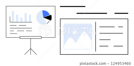 Business presentation board displaying bar and pie charts. Adjacent layout includes an image placeholder and text sections. Ideal for corporate presentations, financial reports, marketing strategies 124953460