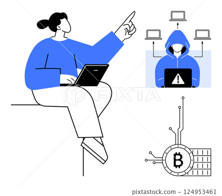 Woman using laptop. Hooded hacker with warning sign icon connecting to multiple computers. Cryptocurrency Bitcoin symbol connected to a circuit. Ideal for technology, cybersecurity, hacking 124953461