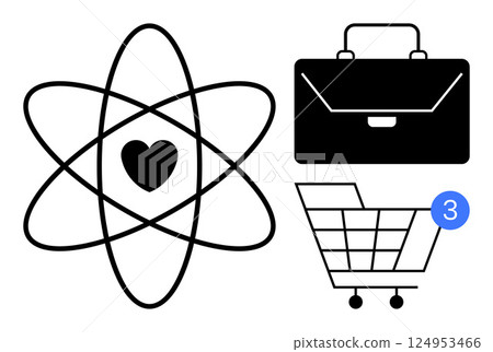 Atomic structure with heart symbolizes loveaffection and nucleus concept, briefcase represents workbusiness, shopping cart with notification suggests new items or messages. Ideal for themes of Atomic structure with heart symbolizes loveaffection and nucleus concept, briefcase represents workbusiness, shopping cart with notification suggests new items or messages. Ideal for themes of 124953466