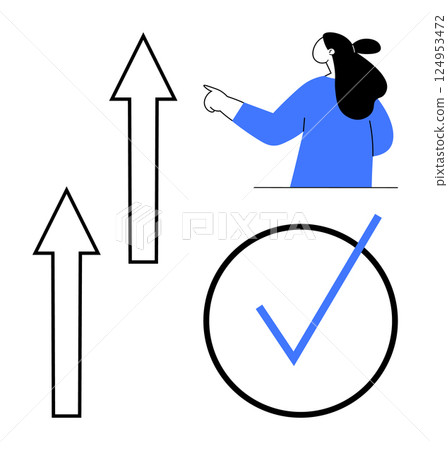 Person pointing right beside two upward arrows and a check mark. Ideal for growth and validation direction and success productivity and guidance. Simple and minimalist vector style with blue Person pointing right beside two upward arrows and a check mark. Ideal for growth and validation direction and success productivity and guidance. Simple and minimalist vector style with blue 124953472