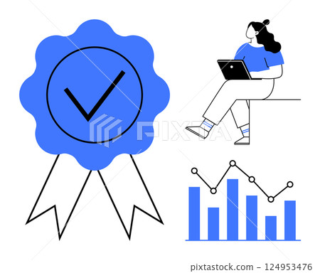 Certification badge, woman with laptop, bar graph, and trendline chart. Ideal for achievement, education, analysis, data visualization, business growth, professional development, technology Line Certification badge, woman with laptop, bar graph, and trendline chart. Ideal for achievement, education, analysis, data visualization, business growth, professional development, technology Line 124953476