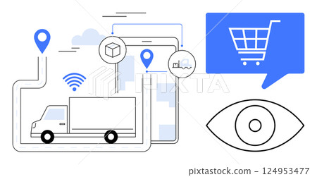 Delivery truck navigating a route using GPS, surrounded by a cube representing a package, a location pin, a wireless signal, a tablet, a shopping cart icon, and an eye icon. Ideal for logistics 124953477