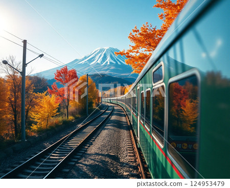 A train running through a station in autumn A train running through a station in autumn 124953479