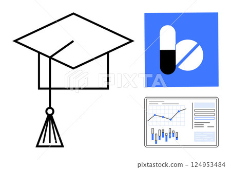 Mortarboard represents academic success, medicine symbol emphasizes healthcare, data chart shows analysis. Ideal for education, healthcare, research, data analysis, interdisciplinary studies Mortarboard represents academic success, medicine symbol emphasizes healthcare, data chart shows analysis. Ideal for education, healthcare, research, data analysis, interdisciplinary studies 124953484