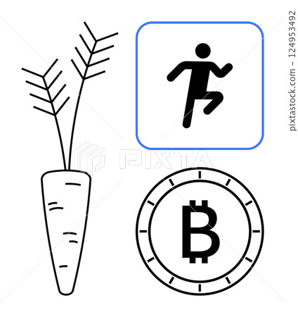 Carrot with leaves, a running figure, and a Bitcoin symbol. Ideal for health, motivation, fitness, cryptocurrency, finance, nutrition, diagram Line metaphor Carrot with leaves, a running figure, and a Bitcoin symbol. Ideal for health, motivation, fitness, cryptocurrency, finance, nutrition, diagram Line metaphor 124953492