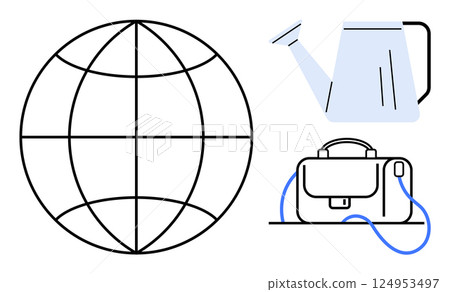 Black-lined globe symbol, blue and grey watering can, and blue-outlined briefcase represent global connectivity, sustainability, and professional growth. Ideal for environment, business, education 124953497