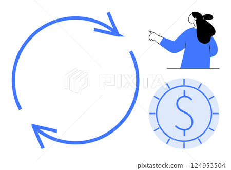 Large circular arrow with a currency symbol next to a person pointing. Ideal for business processes, finance, teamwork, presentations and project management. Minimalist design style Large circular arrow with a currency symbol next to a person pointing. Ideal for business processes, finance, teamwork, presentations and project management. Minimalist design style 124953504