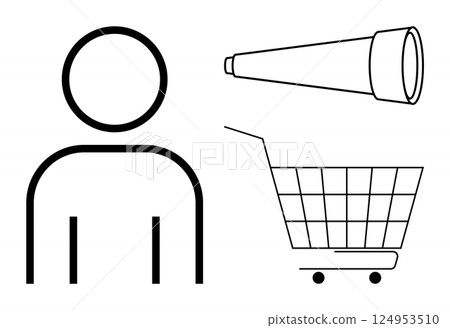 Minimalist line drawings of a person, a telescope, and a shopping cart in black and white. Ideal for e-commerce, exploration, shopping, search, and navigation themes. Modern, minimalistic, clean 124953510