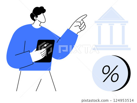 Man holding a tablet, pointing towards a bank building with a large percent symbol. Ideal for banking, finance, loans, interest rates, investment, economic education, and savings concepts. Line Man holding a tablet, pointing towards a bank building with a large percent symbol. Ideal for banking, finance, loans, interest rates, investment, economic education, and savings concepts. Line 124953514