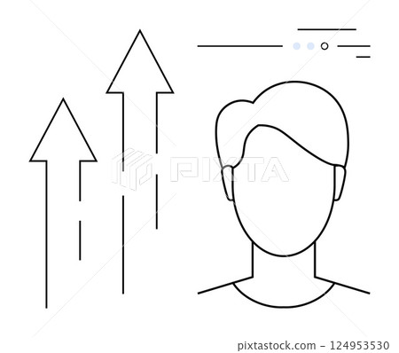 Outline of person with upward arrows and abstract lines symbolizing growth and progress. Ideal for leadership, self-development, business growth, career advancement, personal potential, improvement 124953530