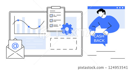 Business dashboard with charts and checklist, an envelope with at symbol, and a figure holding a cashback sign. Ideal for business analytics, financial services, email marketing, customer engagement 124953541