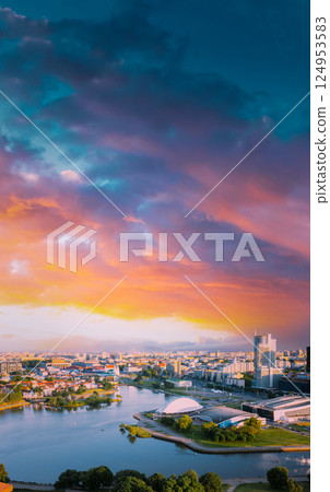 Minsk, Belarus. Cityscape of Minsk, Belarus. Summer season, sunset time. Nemiga district. 124953583
