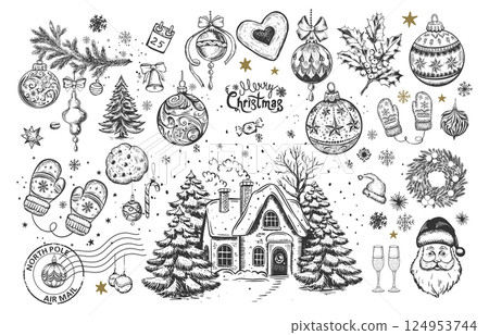 Christmas, tree, ball, star, set on white, Hand drawn illustration Christmas, tree, ball, star, set on white, Hand drawn illustration 124953744