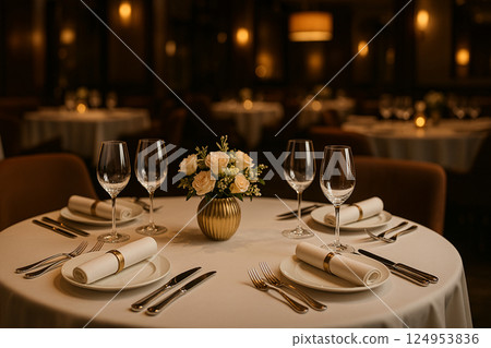 高級餐廳的優雅餐桌佈置 高級餐廳的優雅餐桌佈置 124953836