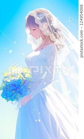 新娘穿著婚紗，手捧藍色花束的插圖 124954008