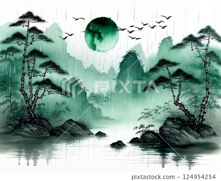 Japanese style forest painting 124954254