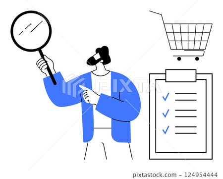 A person holding a magnifying glass points to a shopping cart and a checklist. Ideal for business management online shopping product evaluation organization and efficiency. Modern clean minimal style A person holding a magnifying glass points to a shopping cart and a checklist. Ideal for business management online shopping product evaluation organization and efficiency. Modern clean minimal style 124954444