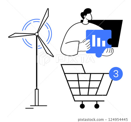 Wind turbine with rotation lines, person holding chart with rising bars, shopping cart with notification. Ideal for renewable energy, data analysis, e-commerce, sustainability, technology, business 124954445