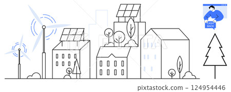 Minimalistic cityscape with buildings equipped with solar panels, wind turbines, trees, and a person holding an eco bag. Ideal for renewable energy, eco-friendly living, sustainability, green Minimalistic cityscape with buildings equipped with solar panels, wind turbines, trees, and a person holding an eco bag. Ideal for renewable energy, eco-friendly living, sustainability, green 124954446