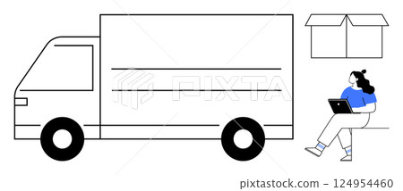 Person using laptop while sitting next to delivery truck and open box. Ideal for mobile work, delivery services, logistics, e-commerce, relocation businesses, digital nomad lifestyle, remote work Person using laptop while sitting next to delivery truck and open box. Ideal for mobile work, delivery services, logistics, e-commerce, relocation businesses, digital nomad lifestyle, remote work 124954460