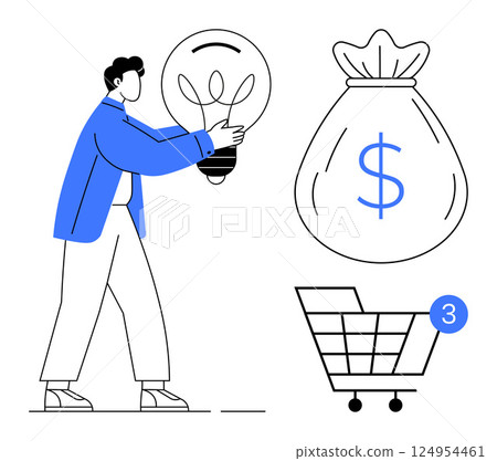Man carrying a lightbulb beside a money bag symbol and shopping cart with notification. Ideal for business, finance, e-commerce, marketing, innovation, investment, digital commerce. Line metaphor 124954461