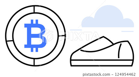 Bitcoin symbol inside a coin alongside a casual shoe with a cloud background. Ideal for cryptocurrency, fashion, e-commerce, fintech, investment, digital marketing, and lifestyle content. Line 124954462