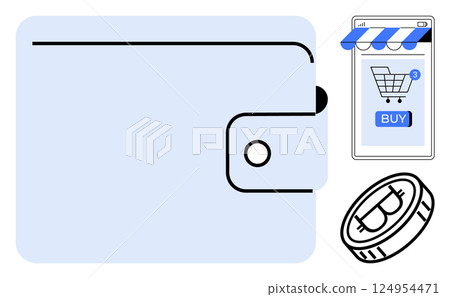 Large wallet shown beside a smartphone shopping cart with buy button and a Bitcoin coin. Ideal for finance, cryptocurrency, e-commerce, digital transactions, and online shopping. Modern, minimalist Large wallet shown beside a smartphone shopping cart with buy button and a Bitcoin coin. Ideal for finance, cryptocurrency, e-commerce, digital transactions, and online shopping. Modern, minimalist 124954471