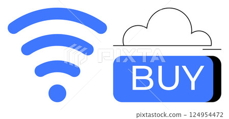Blue wireless signal symbol next to BUY button icon with cloud outline. Ideal for e-commerce, internet connectivity, online purchases, digital marketing, cloud services, retail technology, web 124954472