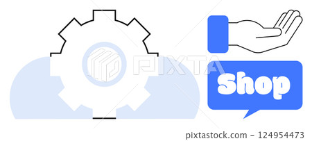 A gear symbol with a cloud background next to a hand holding a speech bubble with the word shop represents services related to online shopping or e-commerce. Ideal for business, technology A gear symbol with a cloud background next to a hand holding a speech bubble with the word shop represents services related to online shopping or e-commerce. Ideal for business, technology 124954473