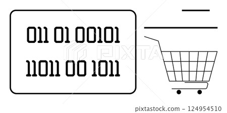 Shopping cart next to a binary code in black and white. Ideal for online shopping, technology, coding education, ecommerce, and digital marketing themes. Minimalistic design, clean lines 124954510