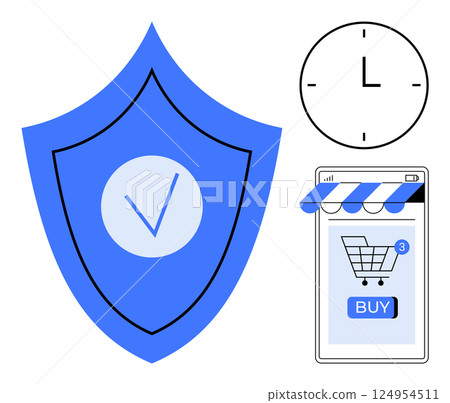 Blue shield with check mark, clock, and smartphone screen displaying an online shopping cart with buy button. Ideal for e-commerce, online security, time management, digital shopping, mobile apps 124954511