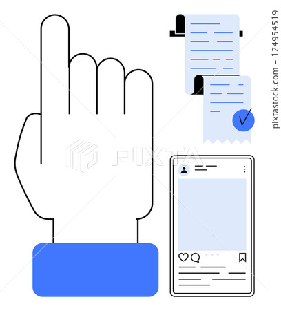 A hand points upward next to a scroll checkmark and social media post displayed on a mobile screen. Ideal for digital interaction, social media engagement, user approval processes, online content 124954519