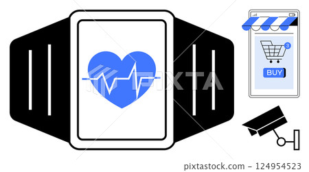 Smartwatch featuring a blue heart with an EKG line, online shopping on a mobile device, and a surveillance camera. Ideal for technology, health, security, e-commerce, smart devices. Simple vector 124954523