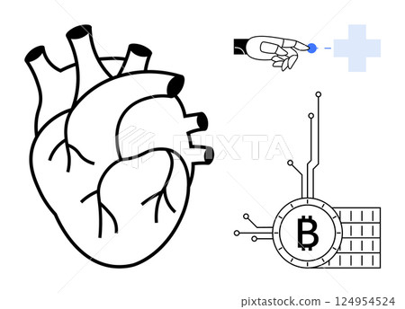 Human heart with arteries, hand with pill or microchip, Bitcoin symbol with circuitry. Ideal for healthcare, biotechnology, cryptocurrency, medical technology, and digital health. Modern tech style 124954524