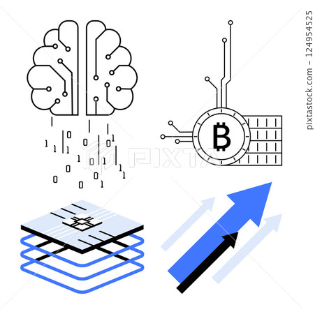 Brain with binary code, cryptocurrency symbol, digital layers, and upward arrows. Ideal for technology, AI, blockchain, finance, and digital innovation themes. Simple modern style Brain with binary code, cryptocurrency symbol, digital layers, and upward arrows. Ideal for technology, AI, blockchain, finance, and digital innovation themes. Simple modern style 124954525