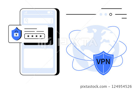 Smartphone with password entry and security shield beside a globe with VPN shield. Ideal for cybersecurity, online privacy, remote work, secure browsing, data protection, IT security, encrypted Smartphone with password entry and security shield beside a globe with VPN shield. Ideal for cybersecurity, online privacy, remote work, secure browsing, data protection, IT security, encrypted 124954526