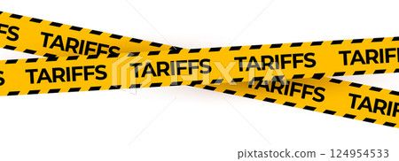 Yellow Tariff Caution Tape with Black Stripes on White Background. Economic Trade Warning Barrier for Tax or Border Conflict Concepts. Vector Illustration 124954533