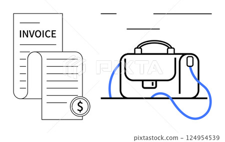Invoice document with dollar symbol next to briefcase. Ideal for business, finance, accounting, billing, professional management, office work, and entrepreneurship. Line metaphor Invoice document with dollar symbol next to briefcase. Ideal for business, finance, accounting, billing, professional management, office work, and entrepreneurship. Line metaphor 124954539