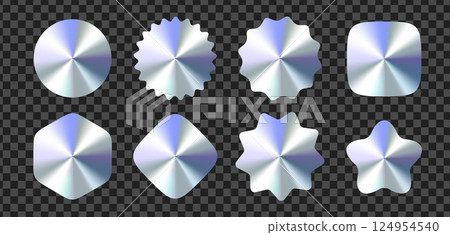 Glossy Metallic Gradient Labels, Stickers, Shapes Set With Chrome Effect On Transparent Background. Silver Icons Collection For Logo, Badge, Button, Seal, Or Decoration Design. Vector Illustration Glossy Metallic Gradient Labels, Stickers, Shapes Set With Chrome Effect On Transparent Background. Silver Icons Collection For Logo, Badge, Button, Seal, Or Decoration Design. Vector Illustration 124954540