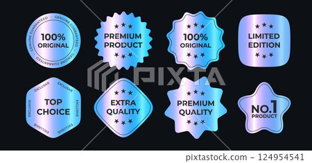 Premium Holographic Badges Set With Metallic Gradient Effect For Product Labels, Quality Guarantee, Promotion, Limited Edition And Top Choice Signs. Bright Shiny Stickers. Vector Illustration 124954541