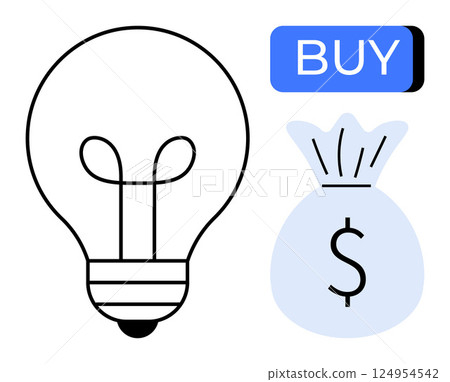Lightbulb, money bag with dollar sign, and Buy button symbolize investment in ideas and purchasing power. Ideal for business, finance, e-commerce, innovation, marketing, entrepreneurship, consumer 124954542